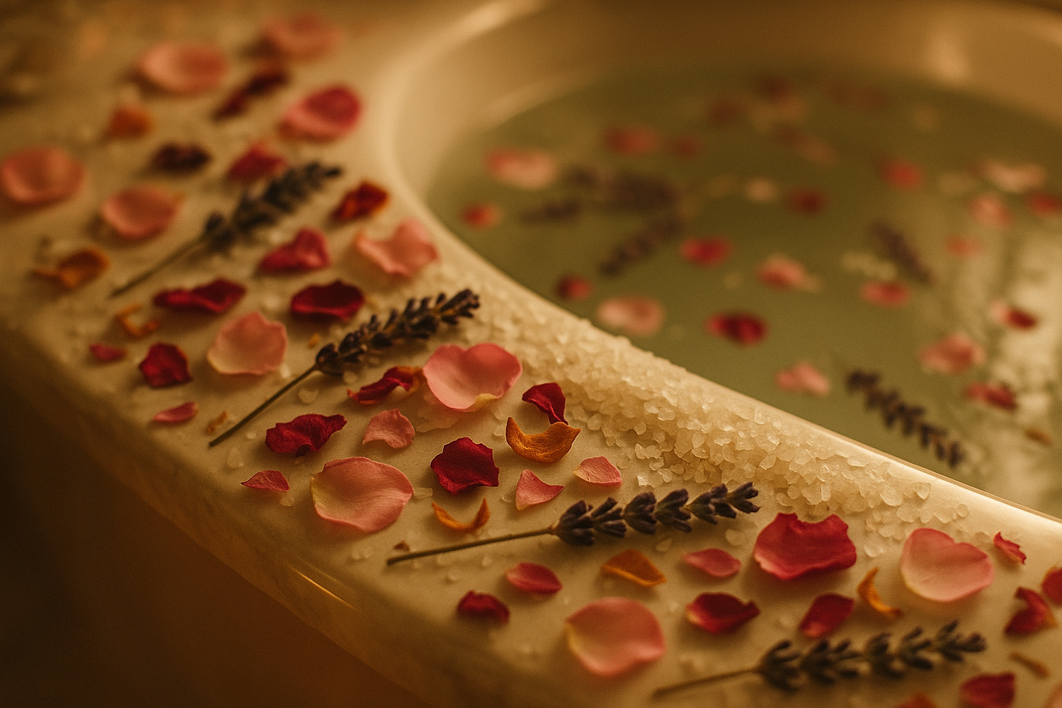 luxury spa. sprinkled hawaiian salt along the tub. keep it slightly blurred. dried botanicals like rose petals, lavender sprigs and orange peel. 
